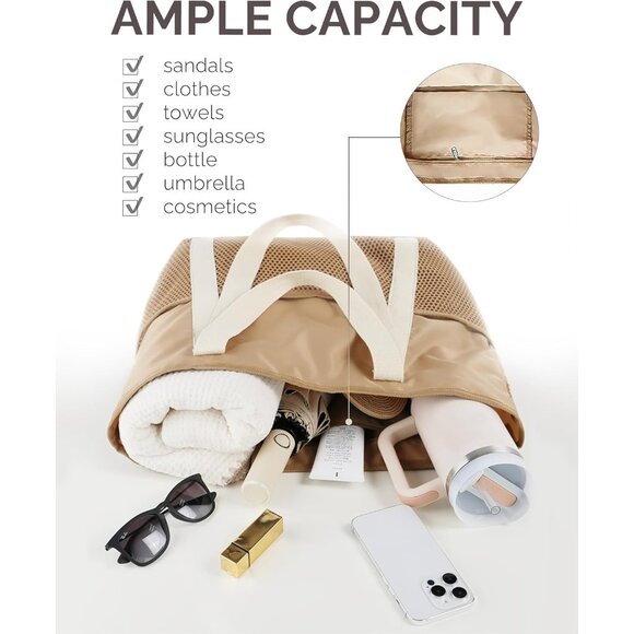 Women Khaki Beach Bag Large Waterproof Sandproof Foldable Tote With Zipper Mesh - Picture 5 of 8